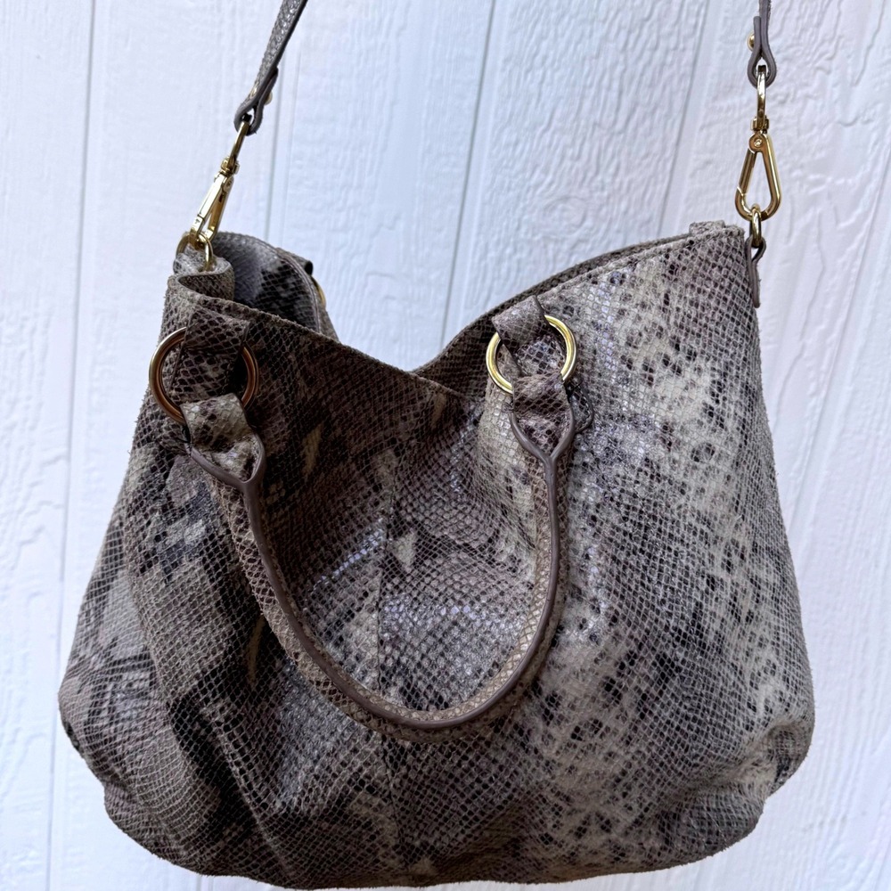 G.I.L.I Genuine‎ Leather Snakeskin Embossed Purse Tote Bag Grey XL Crossbody - Picture 7 of 14